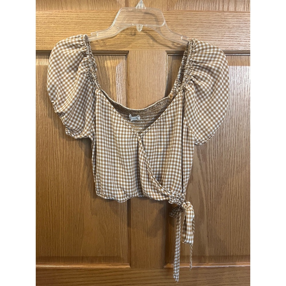 Aeropostale Brown White Gingham Balloon Sleeve Cropped Faux Wrap Top M